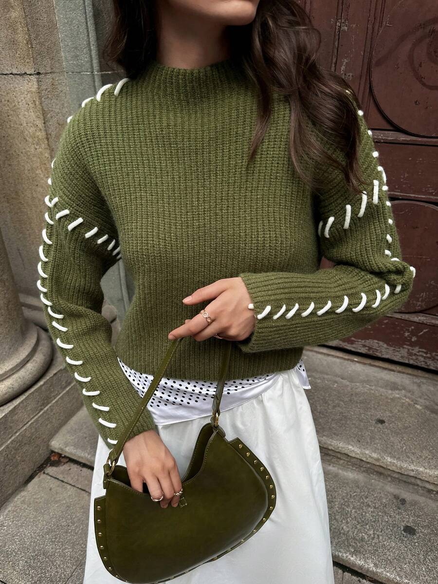 SHEIN Unity Women's Green Turtleneck Loose Fit Color Block Knit Sweater, Autumn/Winter - Green - View 1