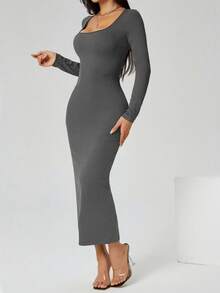 SHEIN PETITE 秋装纯色方领紧身黑色长袖连衣裙 - 深灰色 - 查看 6