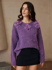 Aveloria Rosie Suéter holgado de cuello redondo con diseño floral 3D texturizado de moda que rejuvenece