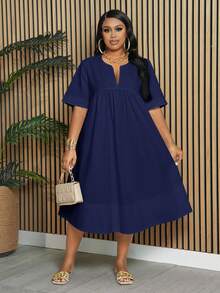 Slaydiva Plus Size Elegant & Commute & Vacation & Daily Loose Solid White Short Sleeve Notched Neck A-Line Knee-Length Dress For Women, Spring/Summer - Navy Blue - View 7