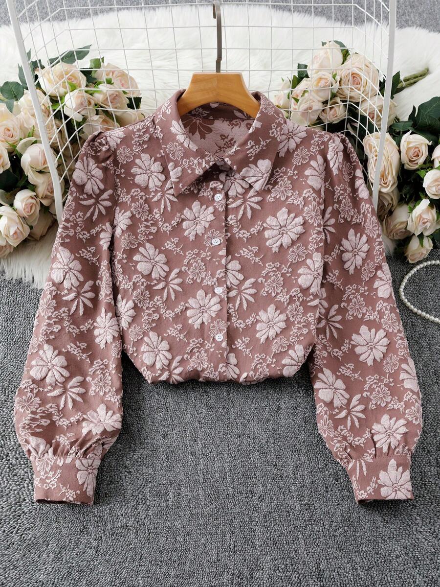 SHEIN LUNE 女士紫色和粉色提花面料长袖休闲通勤优雅复古衬衫 - 彩色 - 查看 1