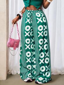 BamGleam Women's Striped Print Tie Waist Loose Wide Leg Casual Pants - Dark Green - View 7