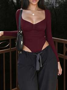 INAWLY Women's Fashionable Solid Color Long Sleeve Bodysuit, Autumn - Burgundy - View 1