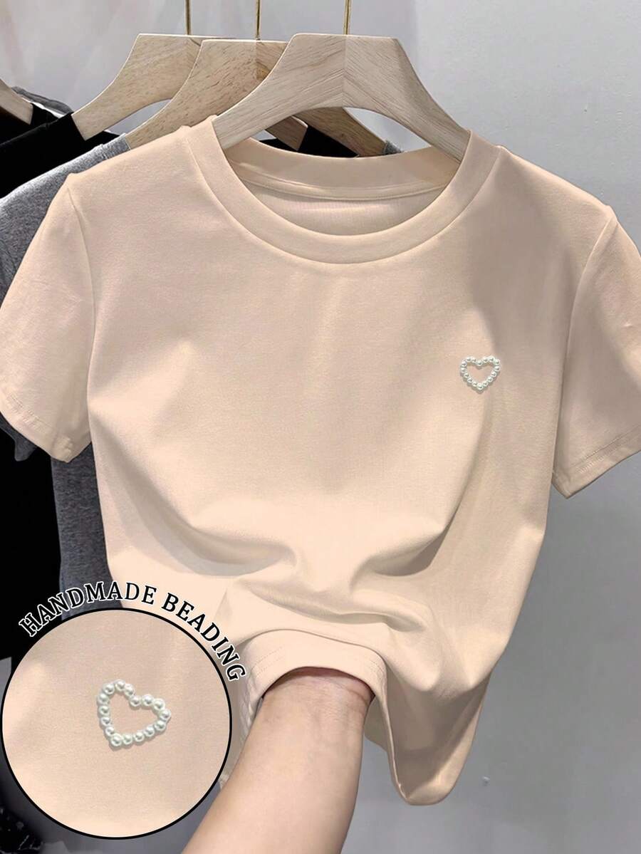 SHEIN Casual Versatile Heart Studded Decor Solid Color Short Sleeve T-Shirt - Apricot - View 1