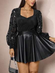 Zelara Plus Size Elegant Commuter Luxury Sequins Embroidered Patchwork Blouse Party Winter New Year - Black - View 2