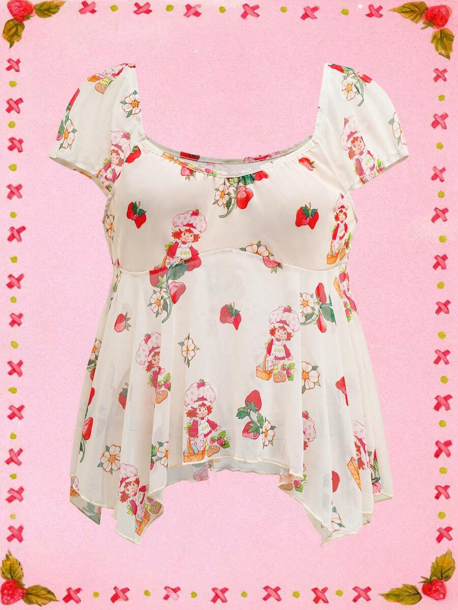 Strawberry Shortcake X SHEIN Áo lưới cổ tròn tay ngắn họa tiết dâu tây phong cách Y2K ngọt ngào dễ thương cỡ lớn cho nữ, mùa thu - Màu be - Xem 1