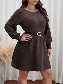 SHEIN Frenchy 秋冬大码纯色针织休闲连衣裙 - 咖啡棕 - 查看 3