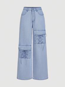 SHEIN MOD Women's Cargo Pocket Tie-Up Design Wide Leg Loose Casual Jeans