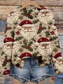 EMERY ROSE Plus Size Women Santa Claus Print Casual Long Sleeve Pullover Sweater/Christmas - Multicolor - View 8