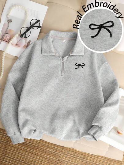 SHEIN Tween Girl Casual Basic Half-Zip High Neck Delicate Bow Embroidered Floral Gray Fleece Lined Thick Pullover Sweatshirt