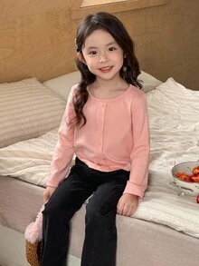 SHEIN Little Byeori 2pcs/Set Young Girls' Casual Round Neck Long Sleeve T-Shirt