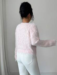 SHEIN Elenzya Women's Elegant Faux Mink Fluffy 3D Rose Flower Long Fur Sweater, Autumn/Winter - Pink - View 2