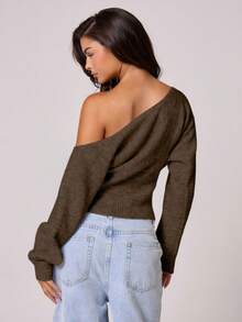 MUSERA Fluffy Knit Asymmetrical Shoulder Cinched Waist Mohair Top , , , Cute, Country, Cottage Core, Butterscotch Winter Evening Party Elegant Spring Sweater - Brown - View 4