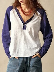 Bohemela Women's Casual Knit Color Block Half-Zip T-Shirt