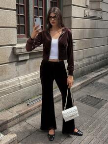 SHEIN Unity Bộ 2 món áo nỉ và quần nhung màu cà phê đậm phong cách American Baddie cổ điển, dành cho nữ, Thu/Đông - Màu Đỏ Sâu - Xem 5