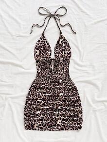 Soleia Leopard Print  Party Women's Leopard Print Deep V Neck Ruched Sexy Fashion Halter Mini Dress - Multicolor - View 2