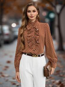 EMERY ROSE Polka Dot Ruffle Trim Shirt,Long Sleeve Tops Fall Cloth For Women - Coffee Brown - View 1