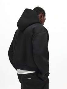 SUMWON Crop Fit Oversized Pullover Kapuzenpullover mit Mitteltasche und Kordelzug Kapuze für lässigen Streetwear Einfarbig - Schwarz - Übersicht 2