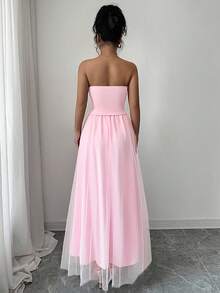 SHEIN Elenzya 优雅的粉色套装，包括带骨抹胸上衣 + 喇叭网裙，适合舞会、情人节约会、万圣节、圣诞派对、新年庆祝活动和日常通勤等正式场合，秋季 - 粉色 - 查看 3