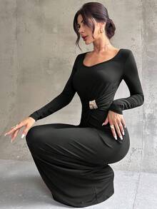 Firerie 女士优雅精致日常新款通勤简约时尚褶饰高腰金属装饰紧身长袖深棕色长裙 - 黑色 - 查看 5