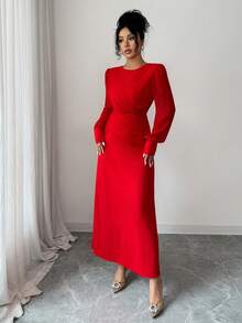 Rafferiza Fashionable And Elegant Waist Round Neck Pleated Women's Long Sleeve Christmas Red Autumn And Winter Dress Women's Elegant Party Wedding Guest Dress New Year Dress Red