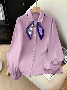 Resyla Áo sơ mi rộng rãi, cổ tròn, tay bồng, cài khuy đơn giản dành cho nữ - Màu tím - Xem 1