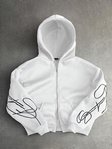 PAVTROS 男士白色创意文字刺绣金属拉链保暖连帽卫衣，白色拉链连帽衫，长袖上衣 - 白色 - 查看 1