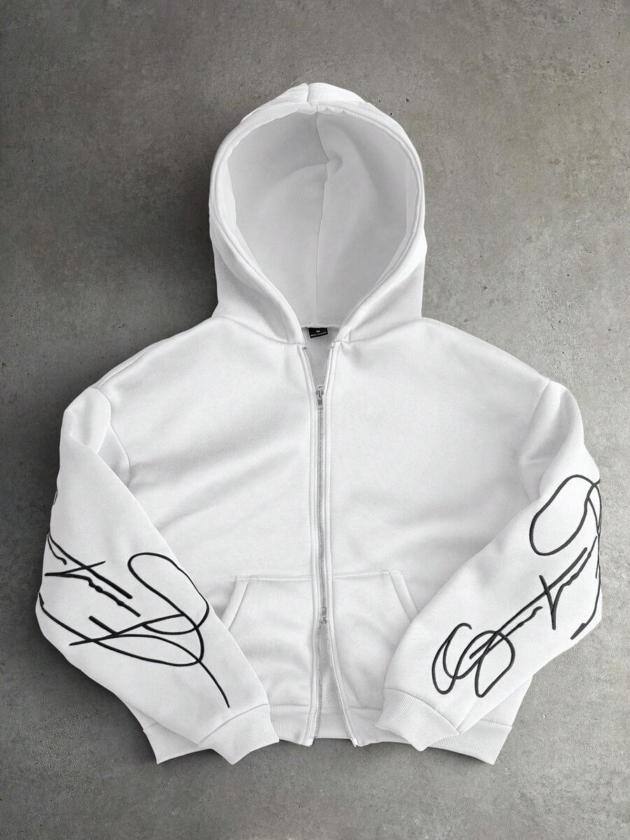 PAVTROS 男士白色创意文字刺绣金属拉链保暖连帽卫衣，白色拉链连帽衫，长袖上衣 - 白色 - 查看 1