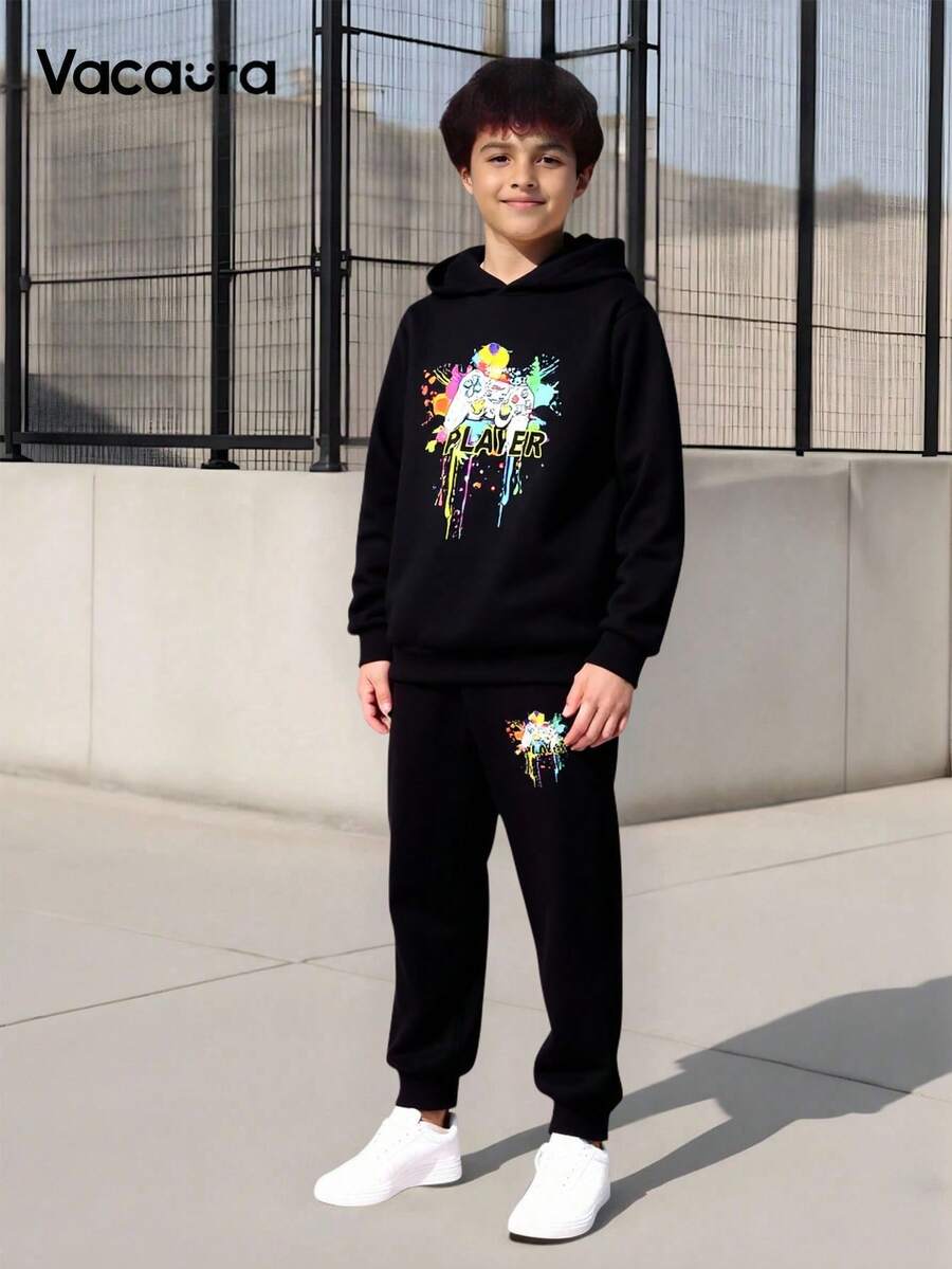 2 件套青少年男孩休闲游戏机图案连帽衫套装,适合休闲、上学和通勤 - 黑色 - 查看 1