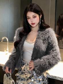 DAZY 女士时尚派对纯色毛绒夹克 - 深灰色 - 查看 5