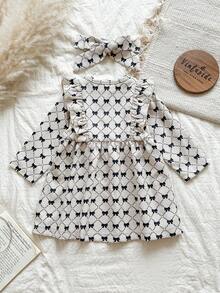 SHEIN 1 pieza Vestido de manga larga con estampado de mariposa y hoja de loto para niñas bebé - Albaricoque - Ver 2