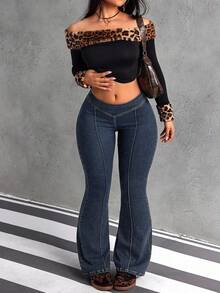 Jeanoix Quần jeans ống loe cạp thấp thường ngày cỡ lớn giặt sạch - Màu xanh lam - Xem 3