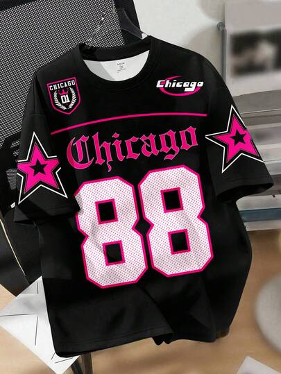 SHEIN EZwear Women's Casual Minimalist 88 Star Graphic Round Neck Short Sleeve Loose T-Shirt