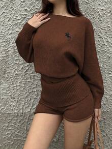 SHEIN Unity 2pcs Set Loose Fit Batwing Sleeve Fleece Sweater, Gray