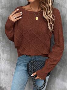 EMERY ROSE Women's Casual Solid Color Crew Neck Pullover Sweater - Rust Brown - View 4