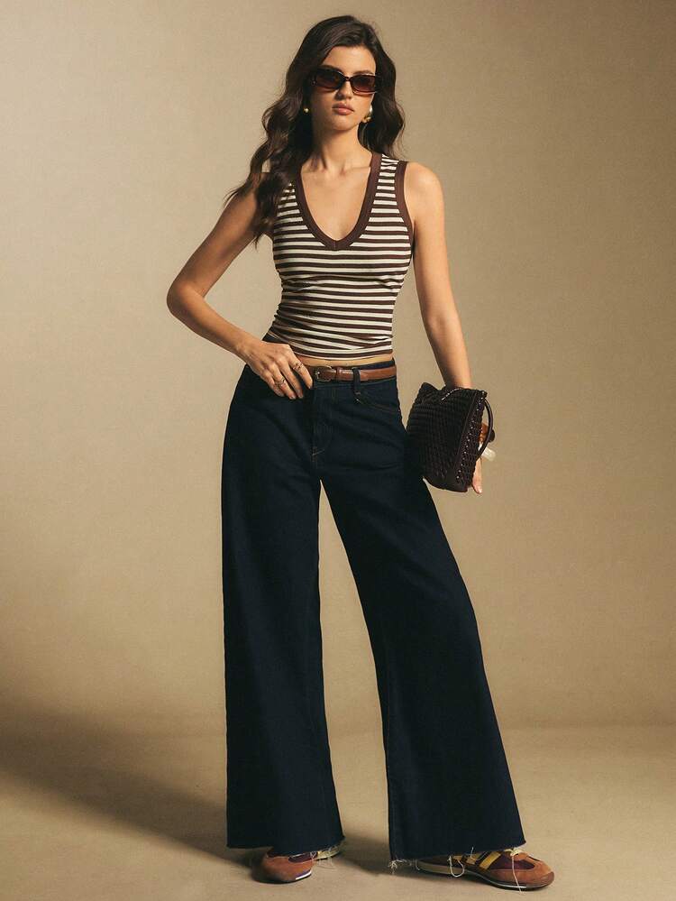 Poéselle Women's V-Neck Ribbed Slim Fit Casual Tank Top Women Tank Tops Striped Tank Brown Tank Top Striped Top Brown Tank Top Women Western Tank Tops Women - Brown - View 4