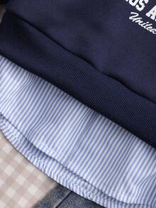 SHEIN Young Girl Casual Striped Patchwork Letter Print Sweatshirt, Autumn/Winter - Blue - View 7