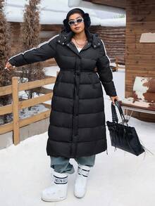 SHEIN EZwear 大尺碼女款休閒長款加厚外套，學院風，適合日常穿著，秋冬返校季 - 黑色 - 查看 5