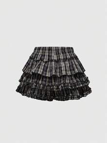 ROMWE J-Fashion 女款可愛格紋骨頭十字裝飾蛋糕裙褲，附蝴蝶結裝飾 - 黑色 - 查看 2