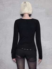 ROMWE Avant Y2K Punk Kreuz Nieten Design Figurbetontes Langarm Einfarbiges Vielseitiges Damen Kpop T-Shirt - Schwarz - Übersicht 6