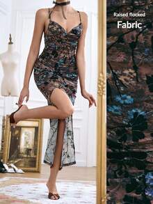 SHEIN Unity Elegant Knitted Flocked Spaghetti Strap Draped Neck Slit Fitted Maxi Bodycon Dress For Party - Multicolor - View 3