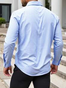 Manfinity Homme 加大码男士休闲通勤条纹衬衫，适合秋季穿着，长袖上衣