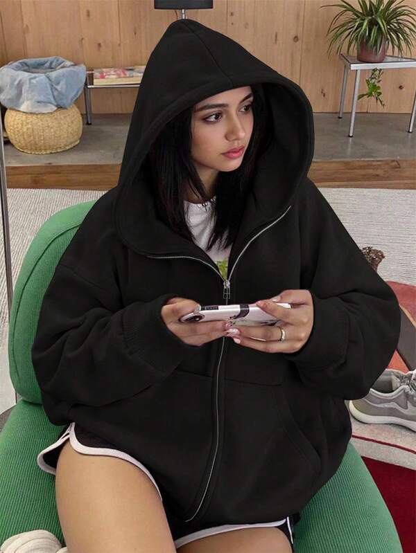 INAWLY Women's Solid Color Drop Shoulder Long Sleeve Zipper Front Casual Loose Sweatshirt, Autumn