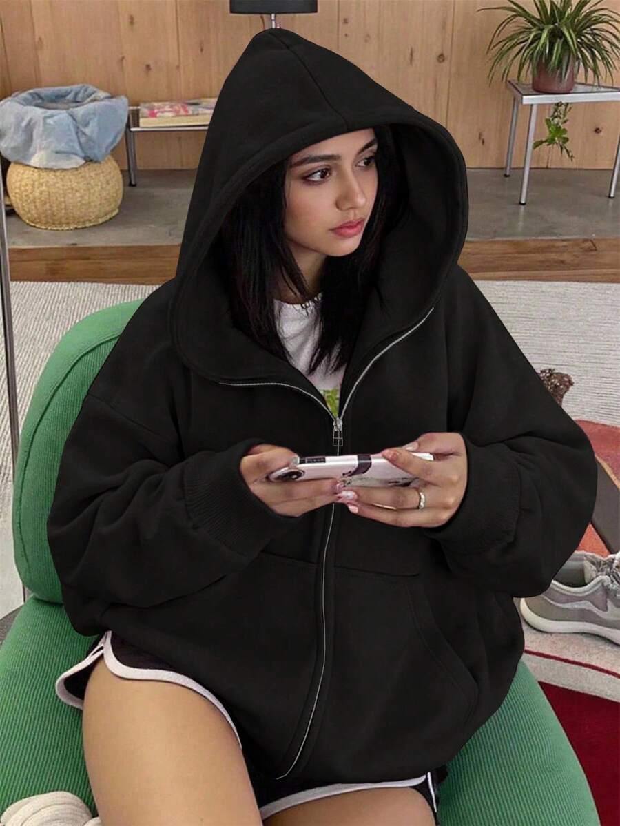 INAWLY Women's Solid Color Drop Shoulder Long Sleeve Zipper Front Casual Loose Sweatshirt, Autumn - Black - View 1