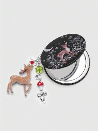 Kawaii 1 Stück süßer Weihnachts-Hirsch runder doppelseitiger Kompaktspiegel, Hirsch Dekor Spiegel, praktischer tragbarer Make-up Spiegel für Frauen, kann auch als Taschenverschönerung verwendet werden (Muster: 1131192)