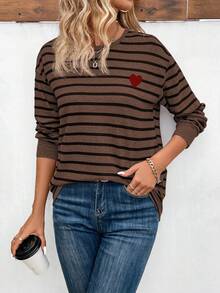 EMERY ROSE Women's Spring/Summer Striped Heart Print Round Neck Casual T-Shirt With Drop Shoulder Sleeves Graphic Tees Women Tops - Multicolor - View 4