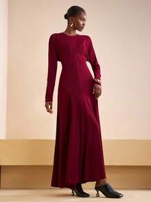 Zivah Women's Burgundy Elegant Long Sleeve Super Long Dress For Autumn,Matte Knitted Round Neck Umbrella Hem Base Dress For Dining,Party,Cruise,Commuting - Burgundy - View 6