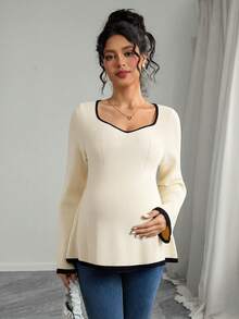 Momance 宽松孕妇毛衣，拼色设计，长袖针织套头衫 - 米色 - 查看 6