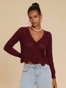 Travachic Women's Solid Color Long Sleeve Hollow Out Single Breasted Casual Knit Cardigan,Fall Women Clothes,Autumn Clothes,All White Cardigan ,Fall Outfits Women,Fall Outfits,Long Sleeve Cardigan, Commute, Minimalist, Old Money, Simple,Can Be Worn Over A T-Shirt, Oversized Cute Cardigan Sweater, Super Warm And Soft!,Long Sleeve Tops