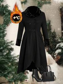 Ellevyn Sobretudo feminino plus size preto liso com gola de pele sintética, mangas compridas, abotoamento duplo, elegante, com bolsos internos e forro. Quente e confortável, de alta qualidade. Com bolsos, ideal para o outono. Confortável e quente para o frio. Novo modelo 2025. Sobretudo casual feminino plus size com bolsos e mangas compridas. - Preto - Ver 3